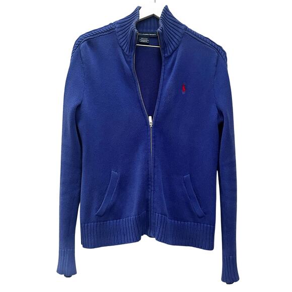 Ralph Lauren Sweaters - RALPH LAUREN SPORT VINTAGE 90s Blue Full Zip Knit Sweater Red Pony Size Medium